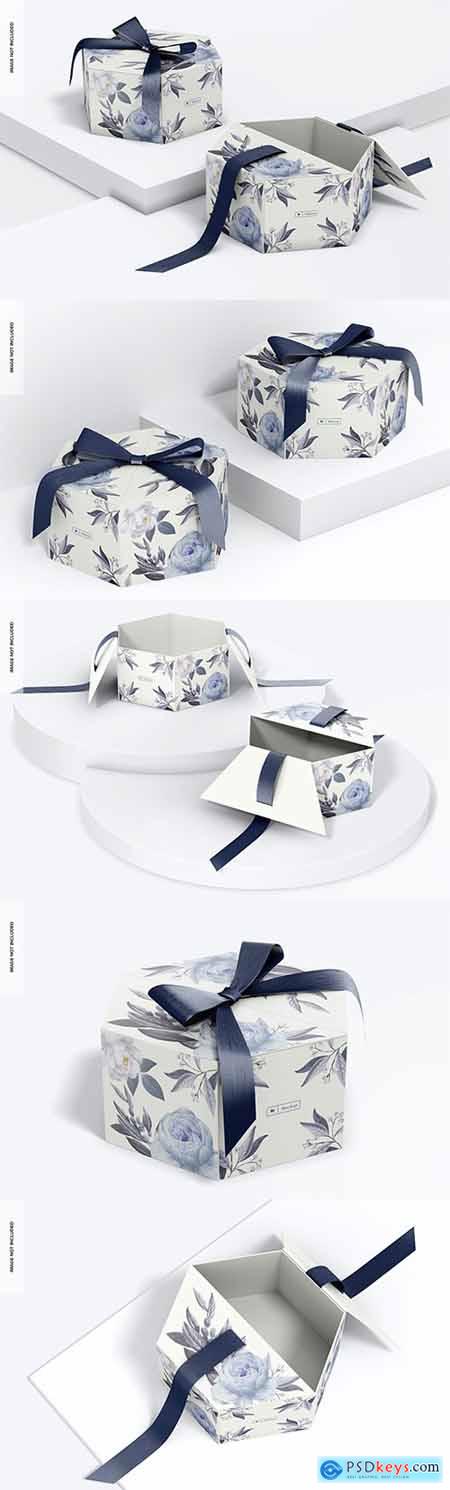 Hexagon gift boxes with ribbon mockup