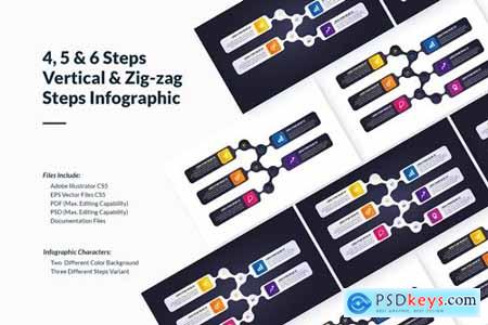 Vertical Zig-Zag Steps Infographics 4, 5 & 6 Steps