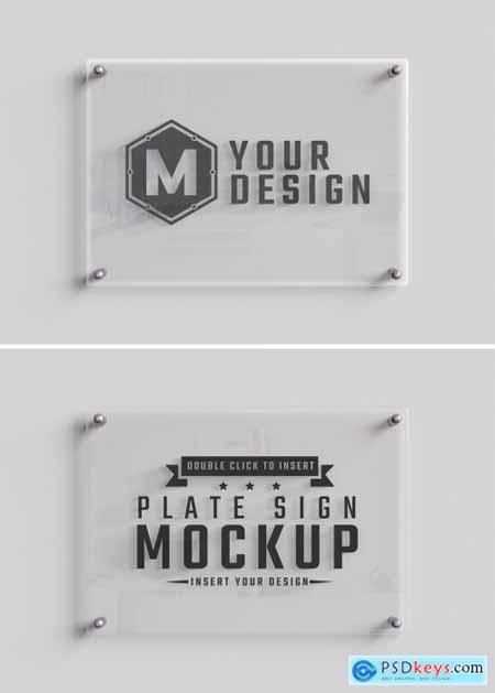 Glass Sign Plate on White Wall Mockup 499677301