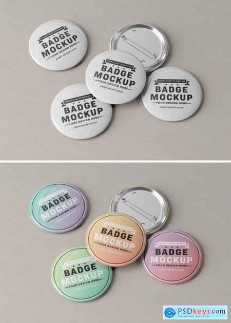 Badge Pin Button Mockup on Wood 499677302