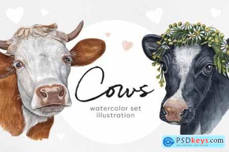 Watercolor Set 8 Cows Ox Illustrations