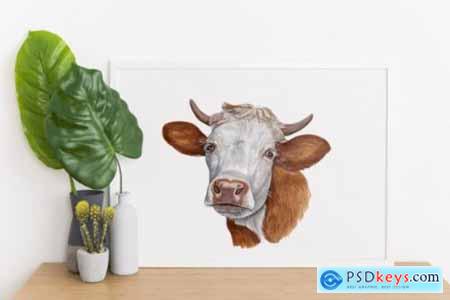 Watercolor Set 8 Cows Ox Illustrations