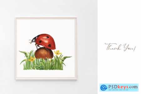 Watercolor Ladybug and WildPlant Clipart