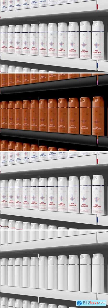 Store Shelf with Aerosol Bottles Mockup KKEM3B7
