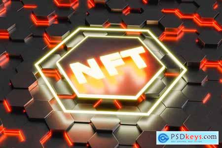 Glowing NFT Word on Hexagonal Background