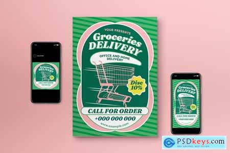 Green Flat Design Grocery Delivery Flyer Set