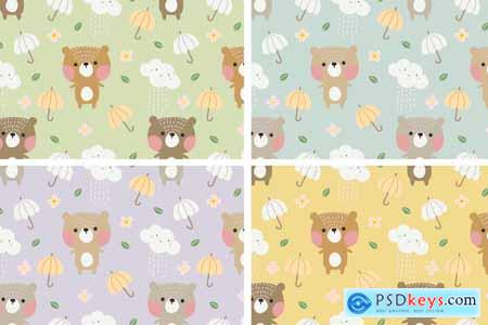 Little Bear and Cute Raincloud Seamless Pattern