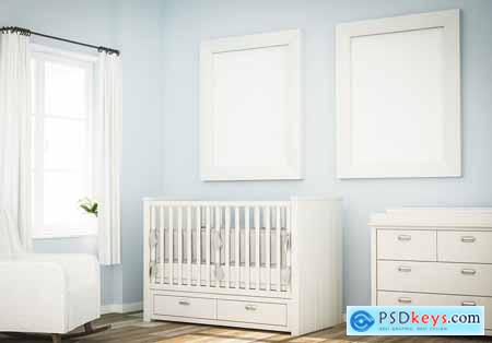 Two blank frames on blue baby room mockup