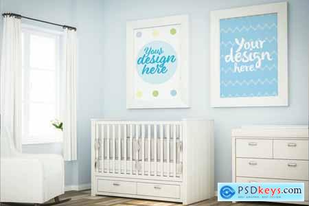 Two blank frames on blue baby room mockup