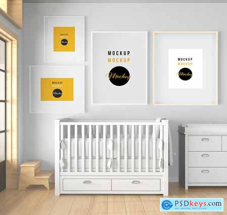 Baby Room with Mural Wall and Frames Mockup