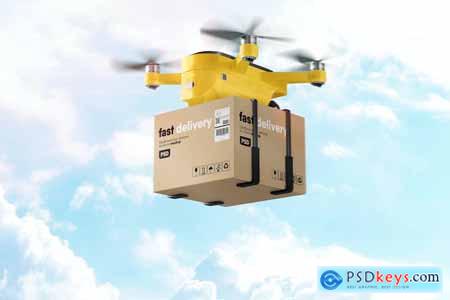 Cardboard Box Delivery By Drone Mockup