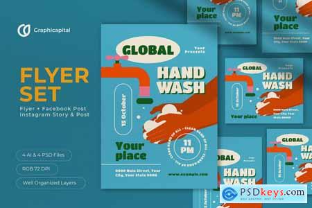 Blue Flat Design Global Handwashing Flyer Set