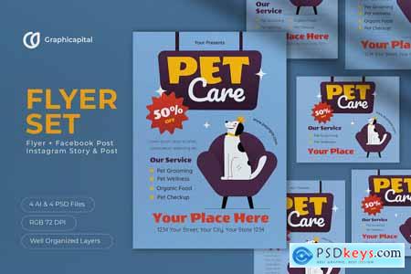 Blue Flat Design Pet Care Flyer Set