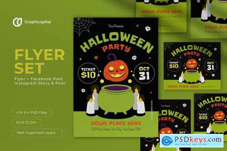 Black Flat Design Halloween Party Flyer Set