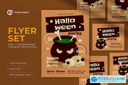 Brown Flat Design Halloween Party Flyer Set