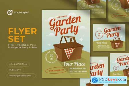 Orange Flat Design Garden Party Flyer Set