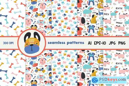 Set of Childish Seamless Pattern with Funny Dogs 9GS7KPP