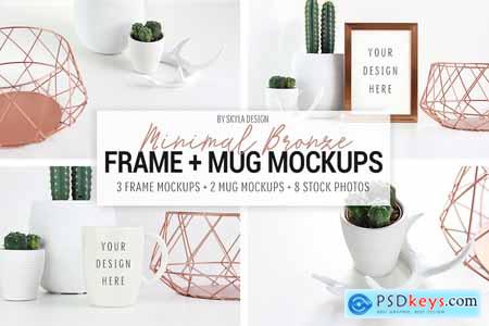 Picture frame and mug mockups, Minimal bronze