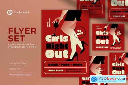 Red Flat Design Girls Night Out Flyer Set