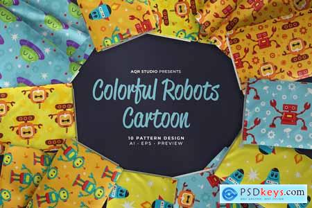 Colorful Robots Cartoon - Seamless Pattern
