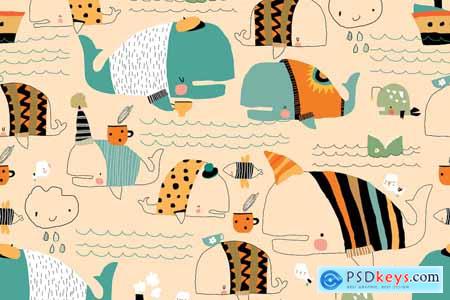 Vector Seamless Pattern with Cartoon Funny Whales