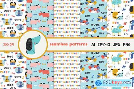 Set of Childish Seamless Pattern with Funny Dogs