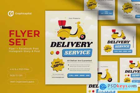 White Flat Design Delivery Service Flyer Set