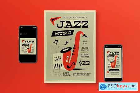 Red Mid Century Jazz Music Flyer Set
