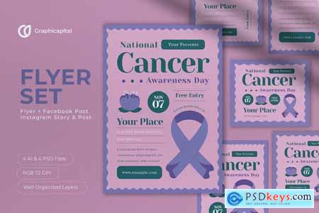Pink Flat Design Cancer Awareness Day Flyer Set