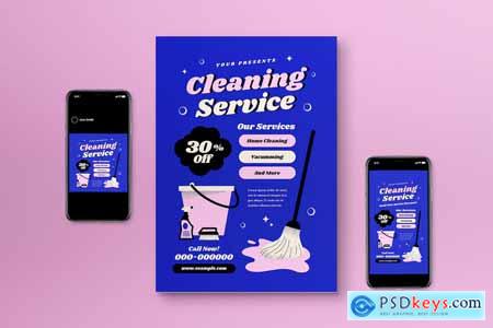 Blue Flat Design Cleaning Service Flyer Set