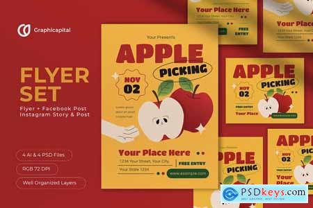 Yellow Flat Design Apple Picking Flyer Set