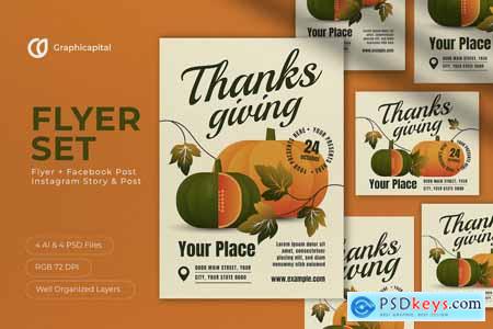 Green Flat Design Thanksgiving Flyer Set