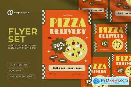 Orange Flat Design Pizza Delivery Flyer Set