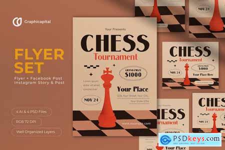 Brown Flat Design Chess Tournament Flyer Set
