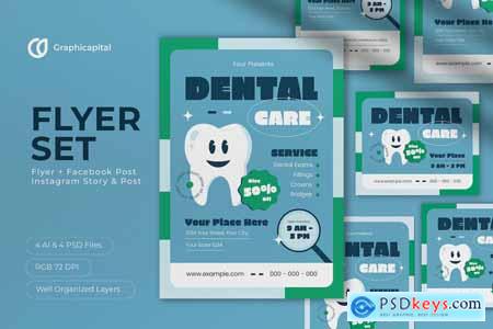 Blue Flat Design Dental Care Flyer Set