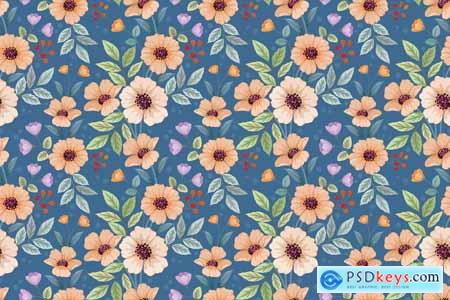 Blooming flowers on blue color background pattern