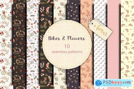 Bikes & Flowers 10 Seamless Patterns + Bonus