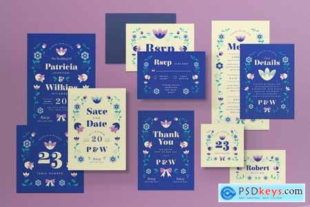 Blue Purple Floral Wedding Invitation Set