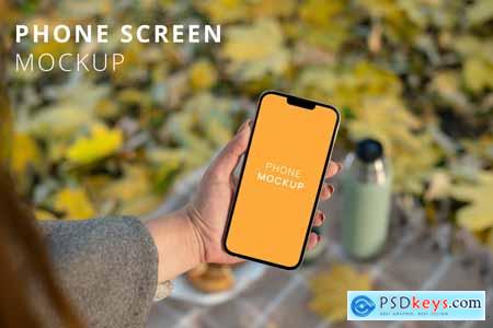 iPhone 13 Pro Max in Woman Hand Autumn Park Mockup