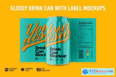 Glossy Drink Can with Label mockup
