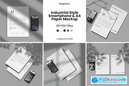 Industrial Style Smartphone and A4 Paper Mockup