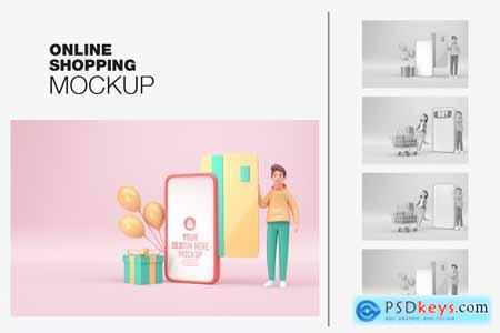 Set 3D Store with Mobile Concept Mockup
