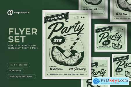 Green Hand Drawn Cocktail Party Flyer Set