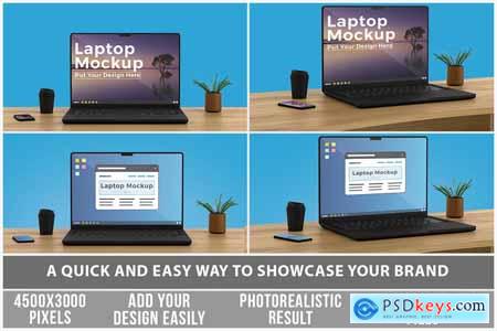 Laptop on wooden Table Mockup PSD