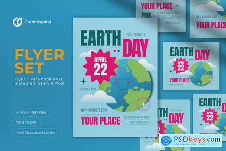 Blue Flat Design Earth Hour Day Flyer Set