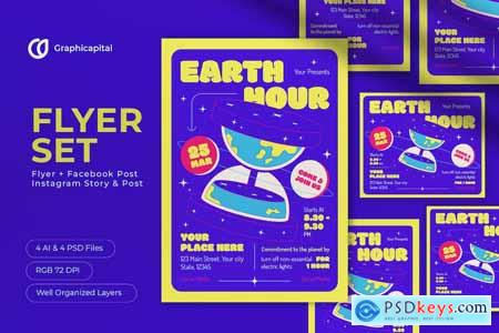 Purple Modern Earth Hour Day Flyer Set