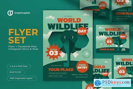 Green Flat Design World Wildlife Day Flyer Set
