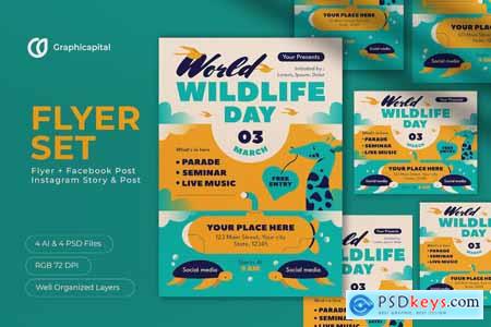 Blue Flat Design World Wildlife Day Flyer Set