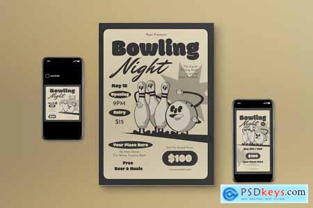 Cream Retro Bowling Night Flyer Set