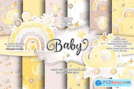 Nursery Baby Yellow Rainbows digital paper pack